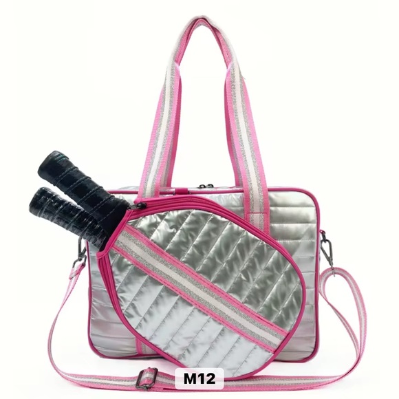 RTS Handbags - Stylish Silver and Pink Quilted Women's Pickleball Large Sports Bag